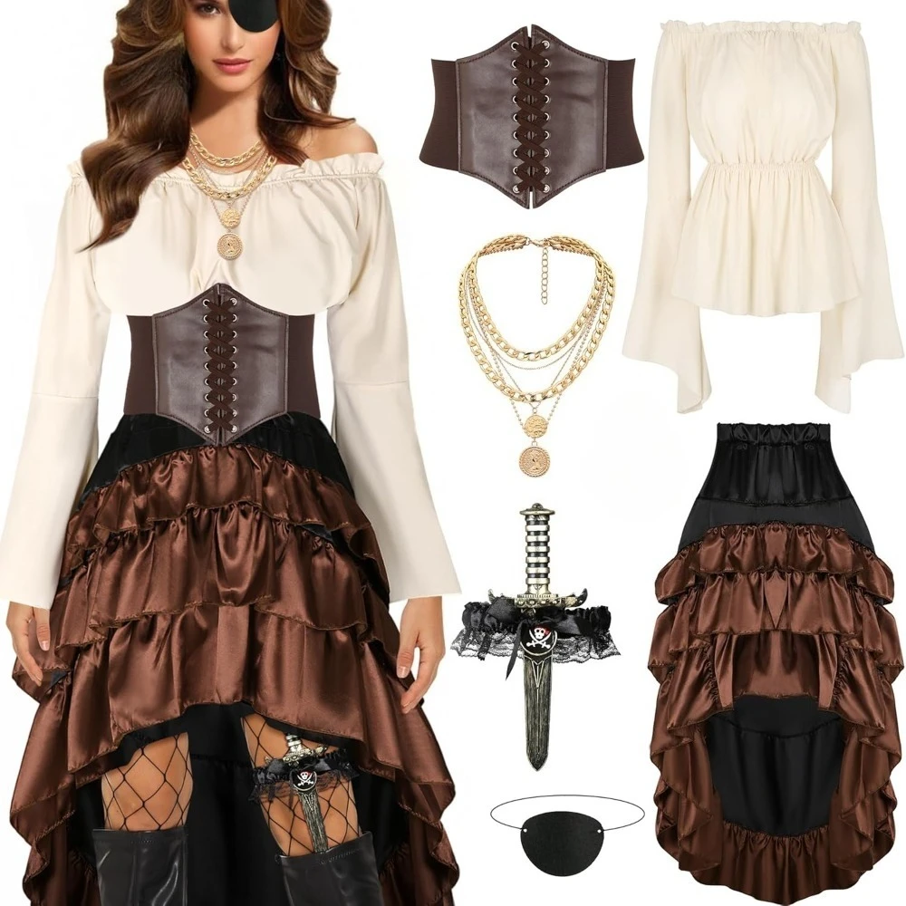 6pcs Pirate Costume Women Outfits Renaissance Corset Steampunk Skirt Top Pirate Accessories Waist Belt Full Halloween Costume
6pcs Pirate Costume Women Outfits Renaissance Corset Steampunk Skirt Top Pirate Accessories Waist Belt Full Halloween Costume