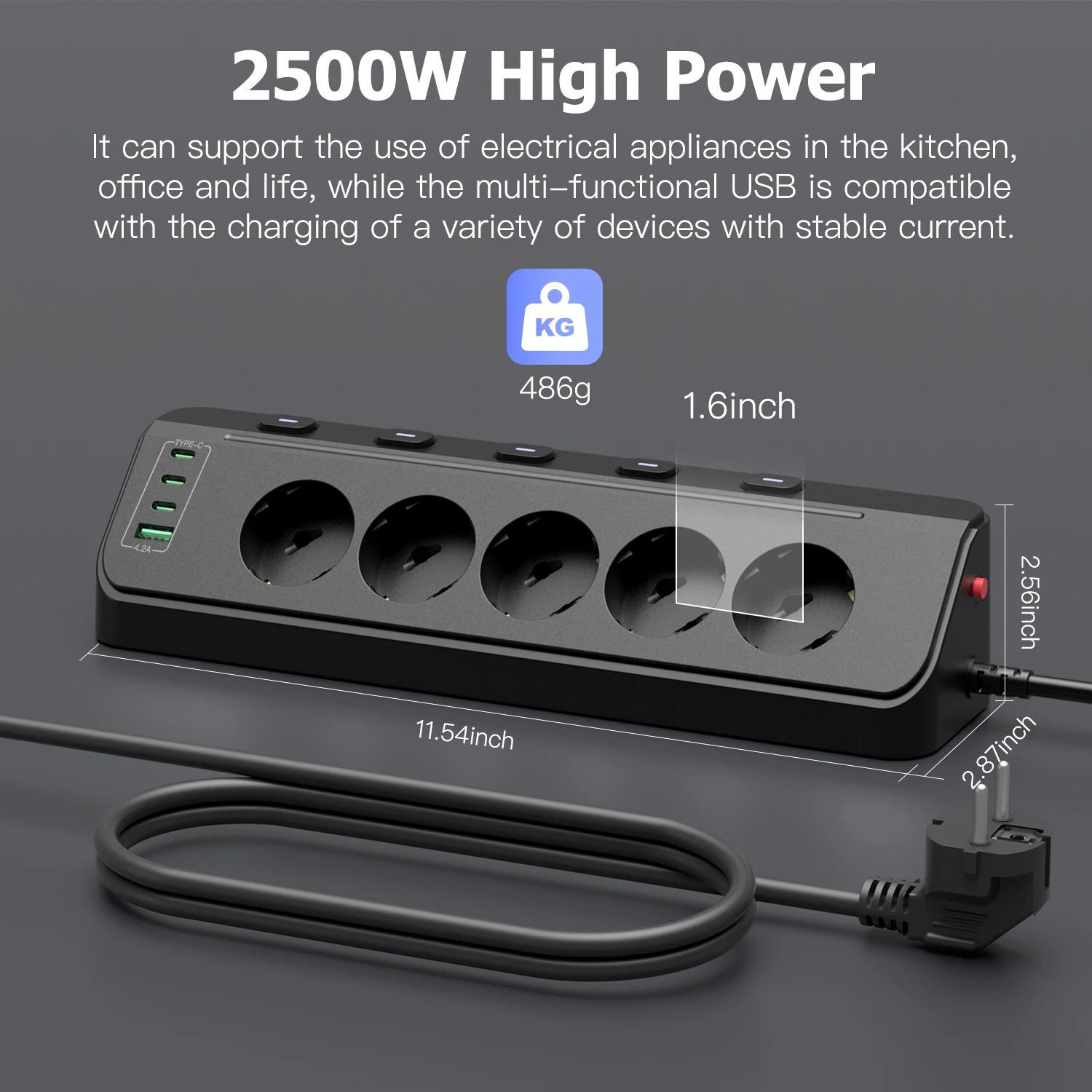 EU Plug Desktop Power Socket Power Strip with Individual switch, 5 AC Outlet USB Socket Multiprise Plug with 2m Extension Cord
EU Plug Desktop Power Socket Power Strip with Individual switch, 5 AC Outlet USB Socket Multiprise Plug with 2m Extension Cord