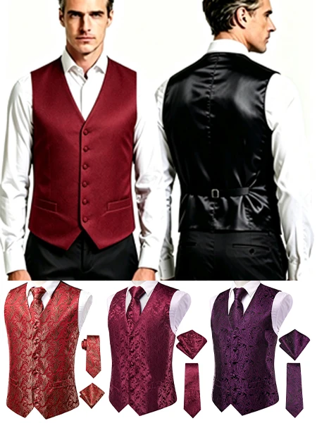 Men's Jacquard Vest 3-Piece Set with Vest, Tie & Pocket Square, Available in Red, Pink, Purple for Wedding
Men's Jacquard Vest 3-Piece Set with Vest, Tie & Pocket Square, Available in Red, Pink, Purple for Wedding