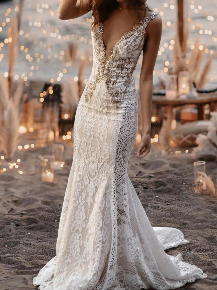 Boho Lace Mermaid Wedding Gown Thin Crystal Beaded Straps Deep Plunge V Neck Illusion Low Back Full Trumpet Bridal Beach Wedding
Boho Lace Mermaid Wedding Gown Thin Crystal Beaded Straps Deep Plunge V Neck Illusion Low Back Full Trumpet Bridal Beach Wedding