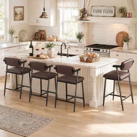 Set Of 4 Counter Height Bar Stools With Arms, Upholstered Back & Wide Seat, Metal Kitchen Island Bar Chairs With Footrest