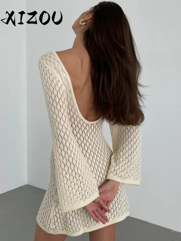 XIZOU Beige Knitted Hollow Out Mini Dress Women Long Sleeve Backless Slim Summer Beach Dress Female Fashion Sexy Cover-Up 2024
XIZOU Beige Knitted Hollow Out Mini Dress Women Long Sleeve Backless Slim Summer Beach Dress Female Fashion Sexy Cover-Up 2024