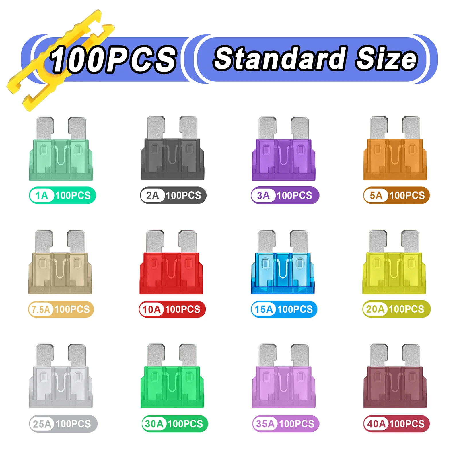 Standard Blade Fuses 100PCS High Quality Zinc Fuses Assortment Kit with Clip for Auto Car RV 1/2/3/5/7.5/10/15/20/25/30/35/40A
Standard Blade Fuses 100PCS High Quality Zinc Fuses Assortment Kit with Clip for Auto Car RV 1/2/3/5/7.5/10/15/20/25/30/35/40A