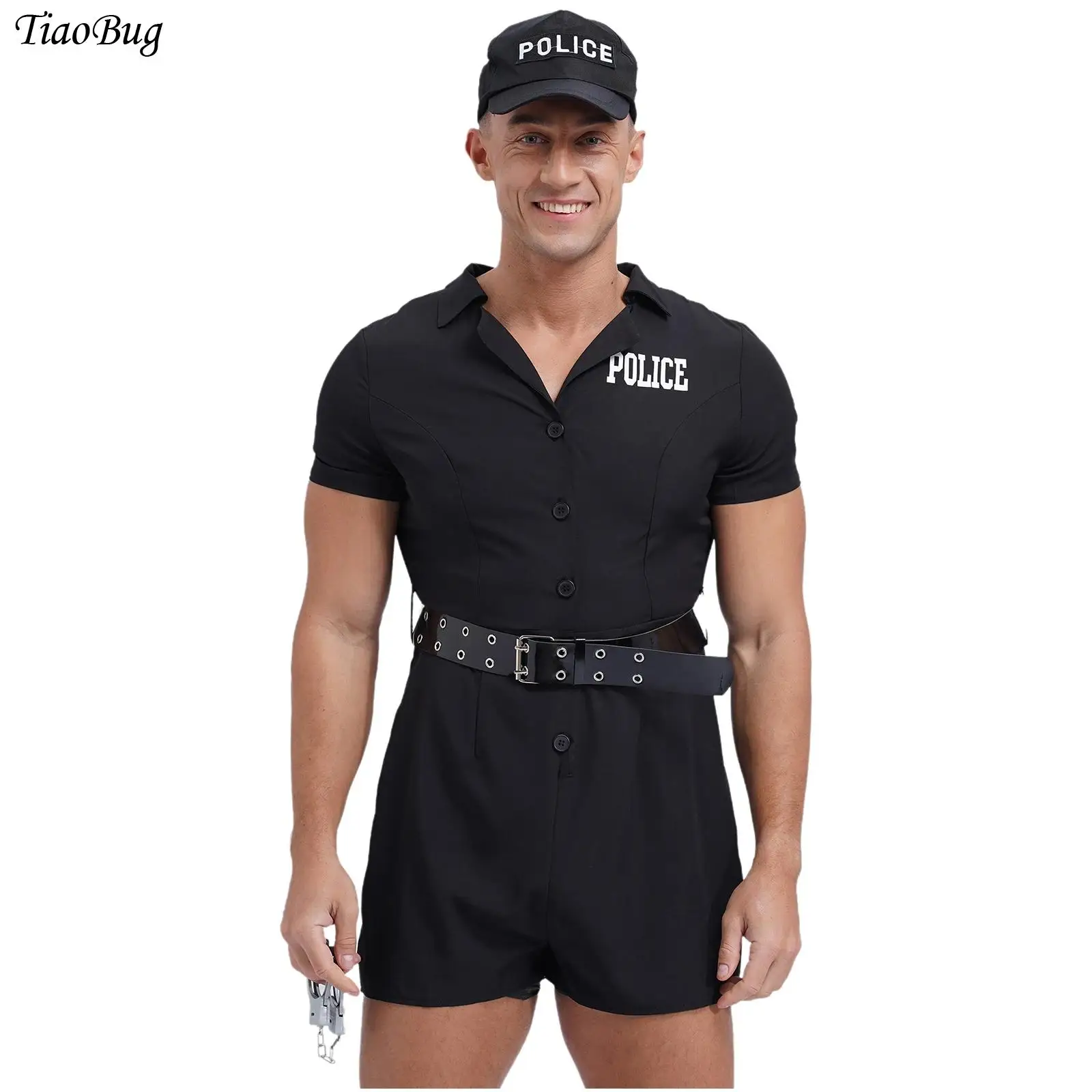Halloween Policeman Cosplay Costumes Mens Black Short Sleeve Letter Print Rompers+Belt+Cap 3Pcs Fancy Party Cop Roleplay Uniform
Halloween Policeman Cosplay Costumes Mens Black Short Sleeve Letter Print Rompers+Belt+Cap 3Pcs Fancy Party Cop Roleplay Uniform
