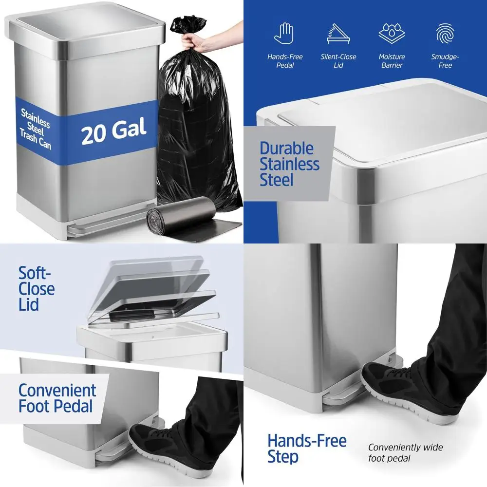 20 Gallon Pedal-Activated Stainless Steel Trash Can with Soft-Closing Lid and Bag Holder
20 Gallon Pedal-Activated Stainless Steel Trash Can with Soft-Closing Lid and Bag Holder