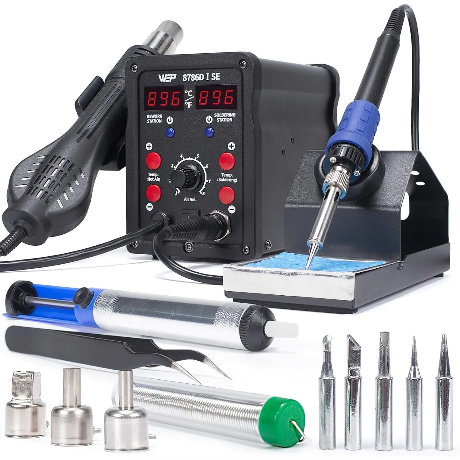 2-in-1 Hot Air Soldering Iron Station Kit with Lead-Free Solder Wire, 5 Tips, 3 Nozzles, Tweezers, Desoldering Pump for
2-in-1 Hot Air Soldering Iron Station Kit with Lead-Free Solder Wire, 5 Tips, 3 Nozzles, Tweezers, Desoldering Pump for