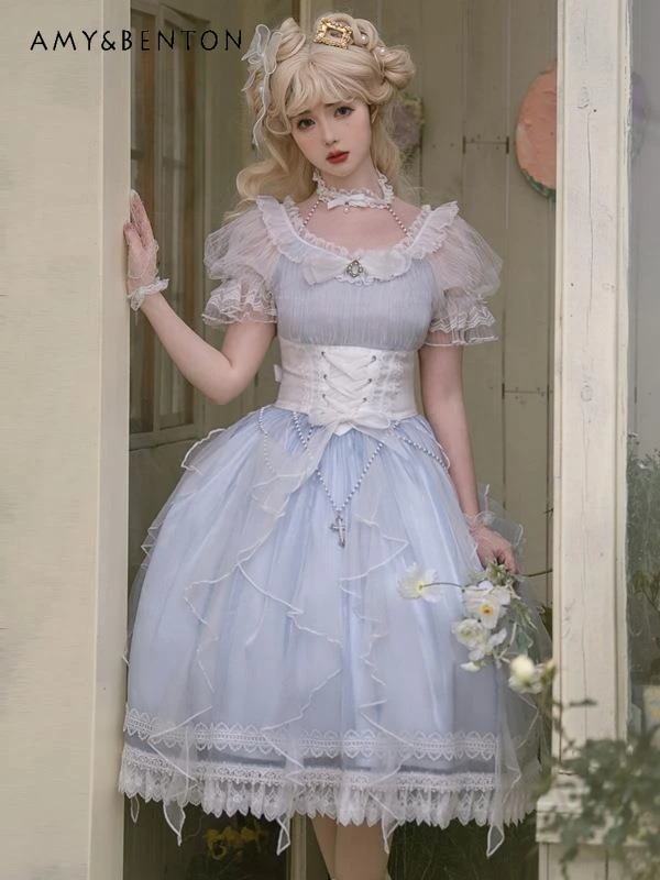 Elegant Gorgeous Lolita Ball Gown Dress Summer New Sweet Bow Halter Puff Sleeve Slim Fit Mini Dress Kawaii Lace Dress for Women
Elegant Gorgeous Lolita Ball Gown Dress Summer New Sweet Bow Halter Puff Sleeve Slim Fit Mini Dress Kawaii Lace Dress for Women