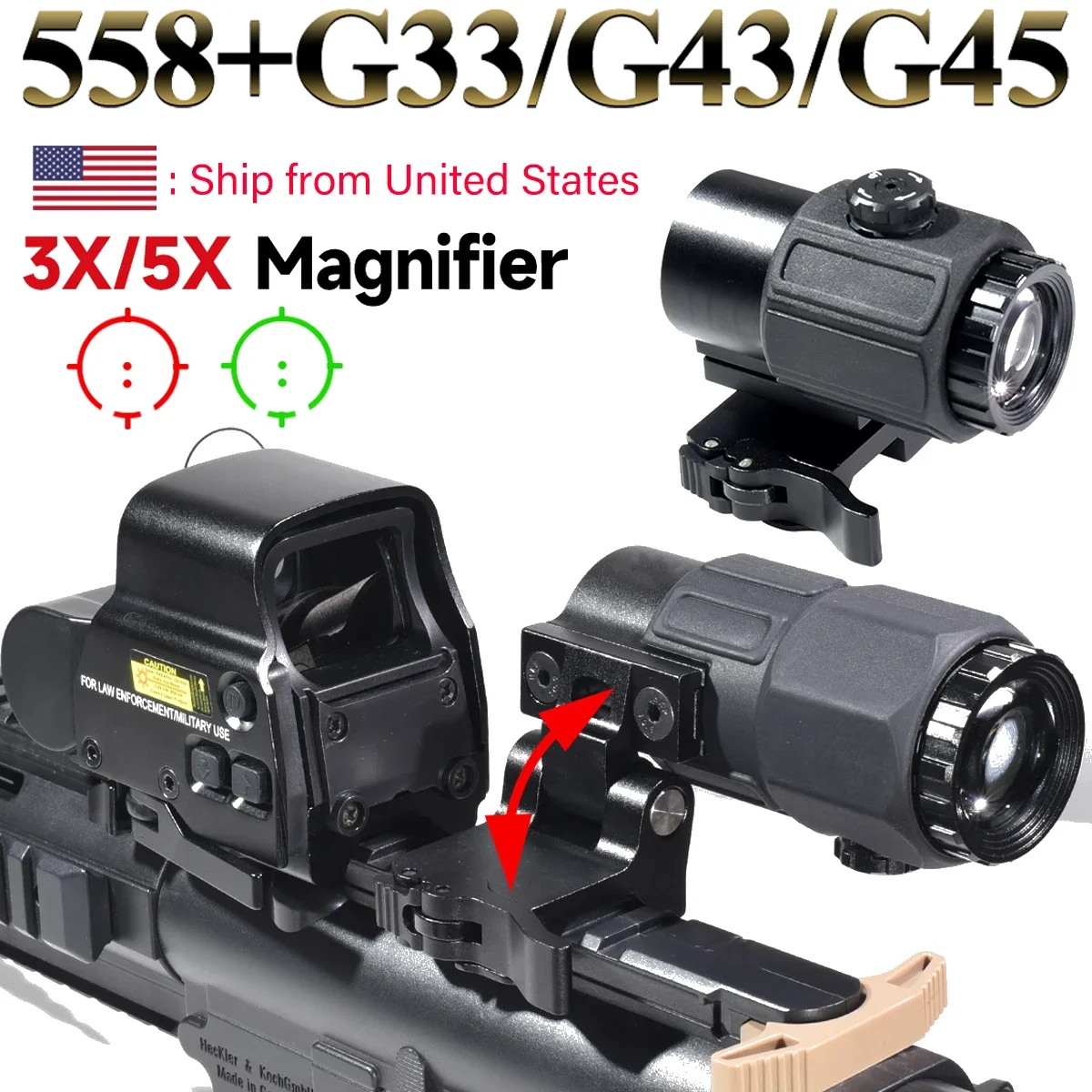 Hunting 558+G33/G43/G45 Red Green Holographic Dot Reflex Sights Tactical 3X/5X Magnifier Sight Scope Folding Side Flip Combo
Hunting 558+G33/G43/G45 Red Green Holographic Dot Reflex Sights Tactical 3X/5X Magnifier Sight Scope Folding Side Flip Combo