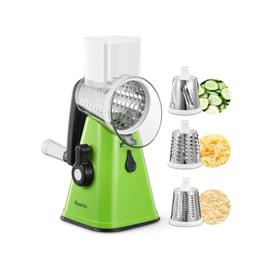 Reemix Cheese Grater, Rotary Cheese Grater With Handle, Kitchen Mandoline Vegetable Slicer With 3 Replaceable Stainless Steel B
Reemix Cheese Grater, Rotary Cheese Grater With Handle, Kitchen Mandoline Vegetable Slicer With 3 Replaceable Stainless Steel B