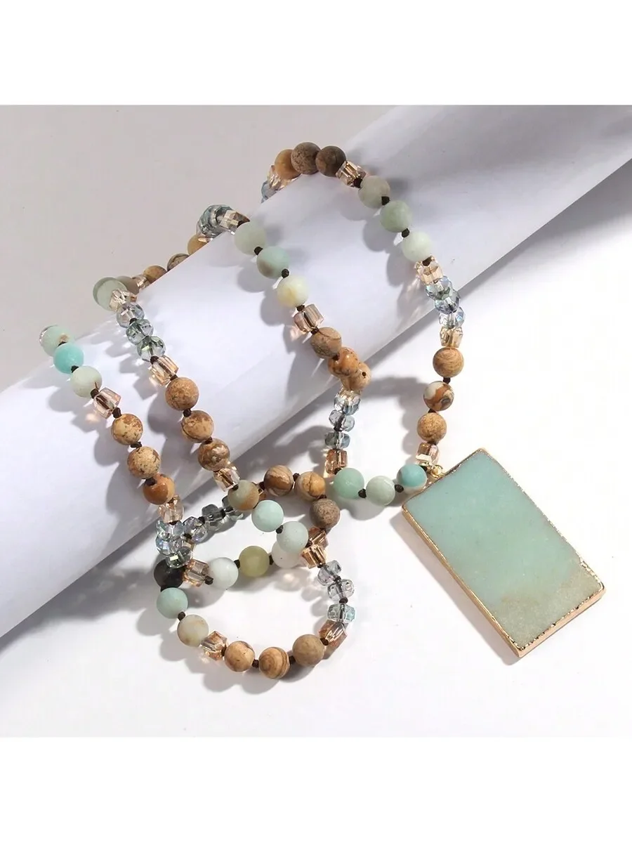 Ocean Style Blue Green Natural Stone Glass Beaded Knot Necklace Square Pendant Sweater Chain
Ocean Style Blue Green Natural Stone Glass Beaded Knot Necklace Square Pendant Sweater Chain