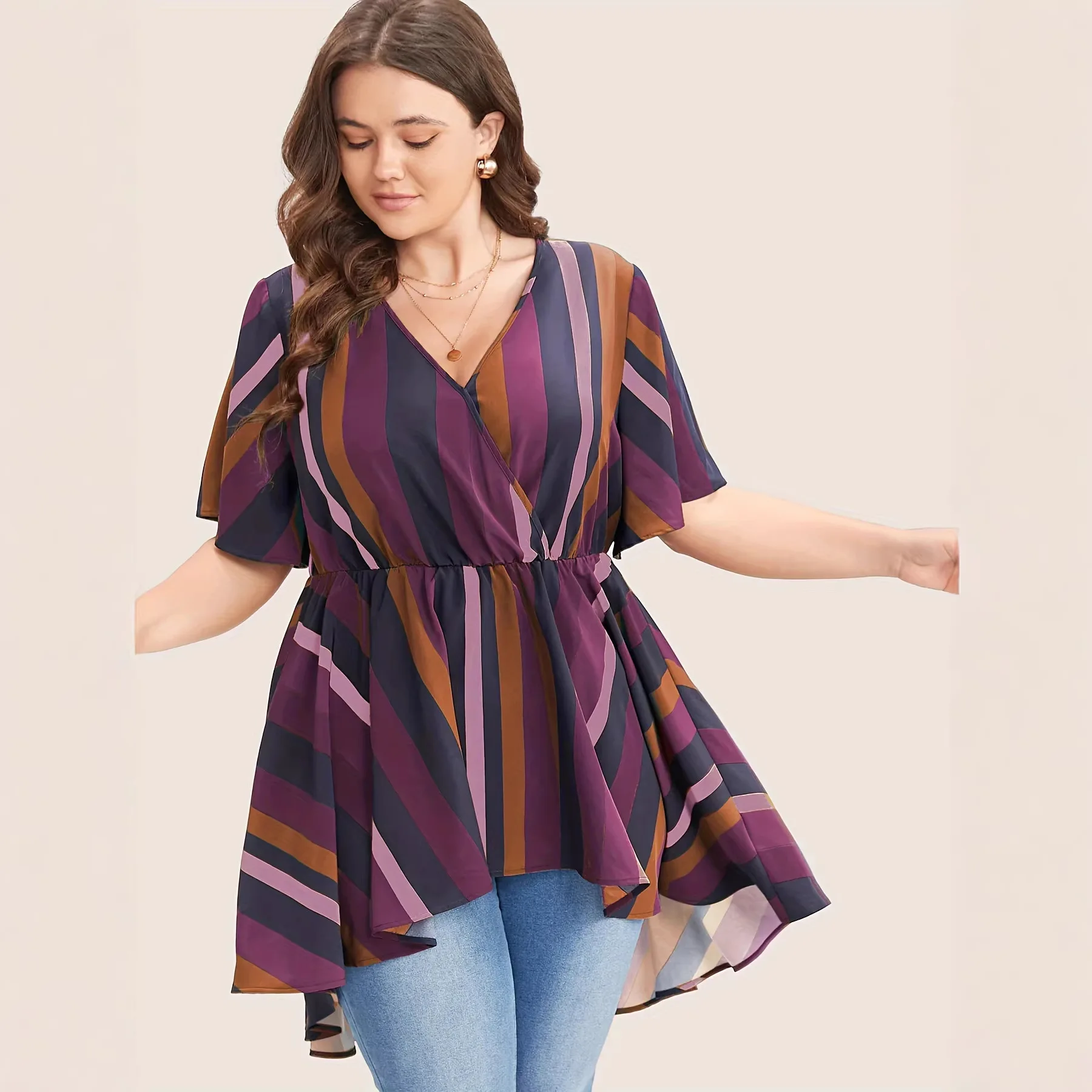 Spring and summer hot-selling casual purple color stripe women's plus size V-neck slimming irregular hem short peplum dress
Spring and summer hot-selling casual purple color stripe women's plus size V-neck slimming irregular hem short peplum dress