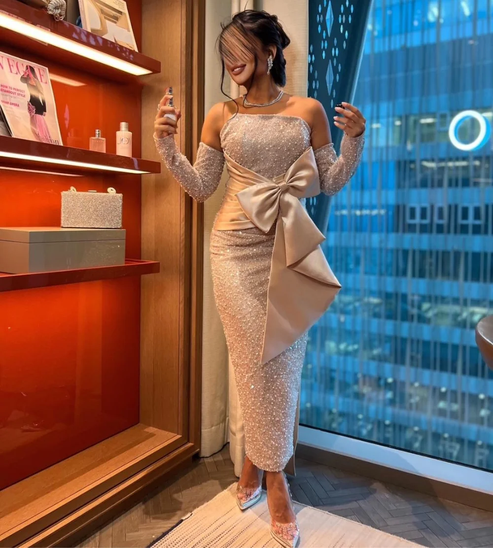 Customized Matching Sequined Bow Column Strapless Midi Dresses Bespoke Occasion Dresses Simple Modern Style
Customized Matching Sequined Bow Column Strapless Midi Dresses Bespoke Occasion Dresses Simple Modern Style