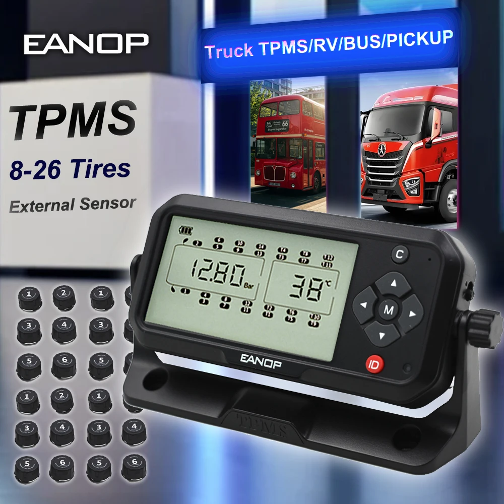 EANOP 16-26 Wheels Truck TPMS Tire Pressure Monitoring System with Digital LCD displayer External Sensors Max 14BAR/203PSI
EANOP 16-26 Wheels Truck TPMS Tire Pressure Monitoring System with Digital LCD displayer External Sensors Max 14BAR/203PSI