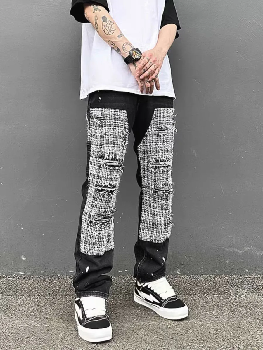 Black and White Plaid Woolen Patchwork Jeans Men's Spray Paint Washed Hip Hop Style Popular Leisure Pants Fashion
Black and White Plaid Woolen Patchwork Jeans Men's Spray Paint Washed Hip Hop Style Popular Leisure Pants Fashion