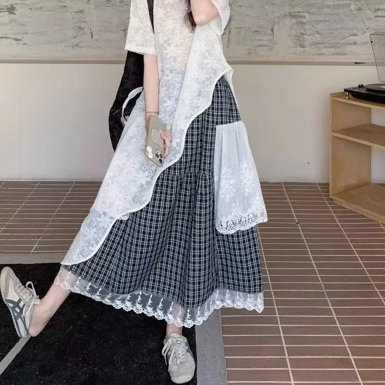 Irregular Lace Patch Short Sleeve Tunic Top + Plaid Lace Ruffle Hem Long Maxi Skirt, Loose Fit Casual Two Piece Dress Set
Irregular Lace Patch Short Sleeve Tunic Top + Plaid Lace Ruffle Hem Long Maxi Skirt, Loose Fit Casual Two Piece Dress Set