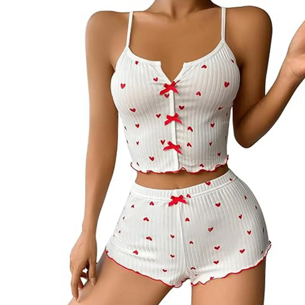 Home Clothes Women's Bow Heart Print Vest Shorts Set for Summer Loungewear Sleepwear Top with High Waist Shorts
Home Clothes Women's Bow Heart Print Vest Shorts Set for Summer Loungewear Sleepwear Top with High Waist Shorts