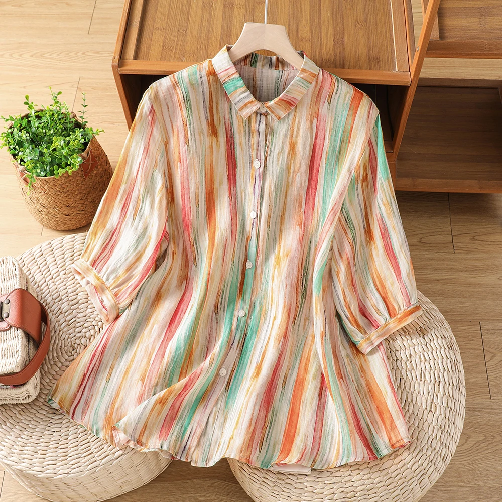 Summer New Artistic Color Stripe Print Loose Cotton Polyester Blend Women's Short Sleeve Open Cardigan Pure Flax Shirt
Summer New Artistic Color Stripe Print Loose Cotton Polyester Blend Women's Short Sleeve Open Cardigan Pure Flax Shirt