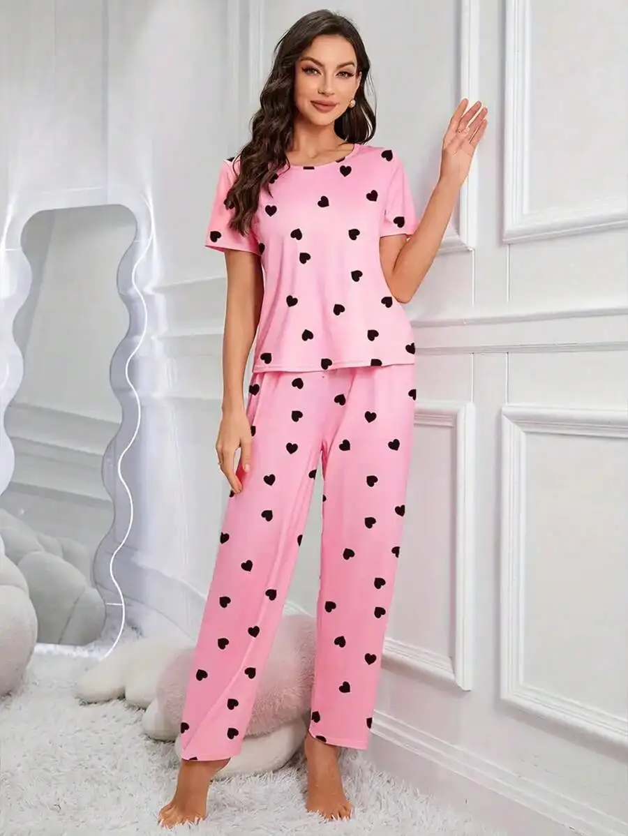 2PCS Women Spring Casual Cute Heart Print Crew Neck Short Sleeve Pajama Set
2PCS Women Spring Casual Cute Heart Print Crew Neck Short Sleeve Pajama Set