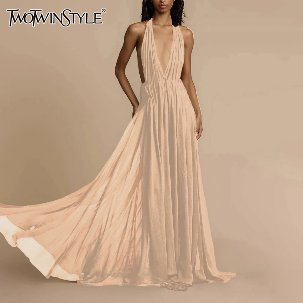 TWOTWINSTYLE Solid Slimming Elegant Dresses for Women Halter Neck Sleeveless Backless Patchwork Folds Dress Female Clothing New
TWOTWINSTYLE Solid Slimming Elegant Dresses for Women Halter Neck Sleeveless Backless Patchwork Folds Dress Female Clothing New