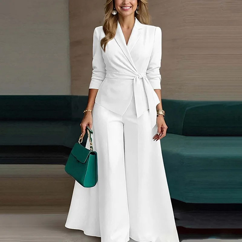 Elegant Fashion Two Piece Set Office Wear Women Loose Lace-up Blazer Coat and Wide Leg Pants Suit Matching Sets Uniform
Elegant Fashion Two Piece Set Office Wear Women Loose Lace-up Blazer Coat and Wide Leg Pants Suit Matching Sets Uniform