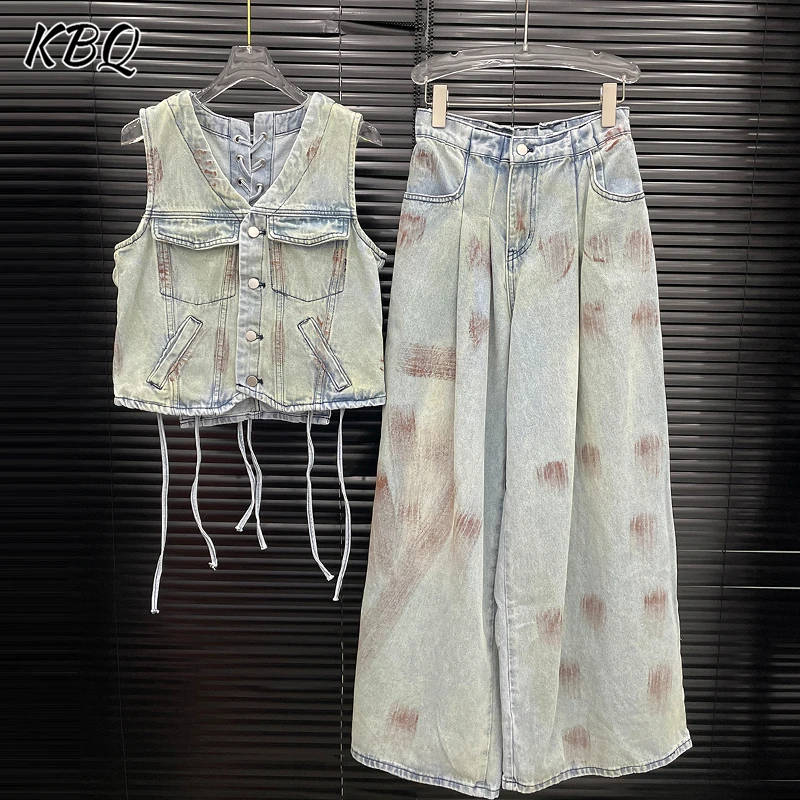 KBQ Loose Denim Two Piece Sets For Women V Neck Sleeveless Top High Waist Spliced Button Wide Leg Pants Casual Set Female New
KBQ Loose Denim Two Piece Sets For Women V Neck Sleeveless Top High Waist Spliced Button Wide Leg Pants Casual Set Female New