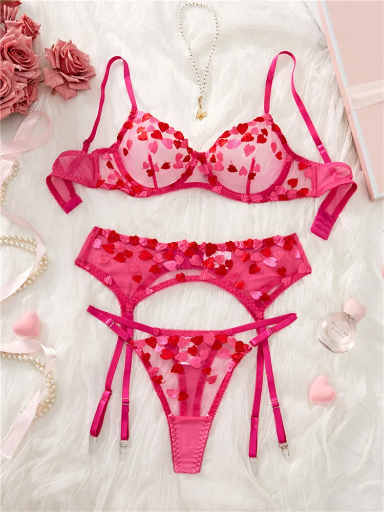 Erotic Lingerie Set for Women 3 Piece Set Sexy Lace Heart-shaped Underwear Embroidery Solid Rose Red Romantic Bra Brief Sets
Erotic Lingerie Set for Women 3 Piece Set Sexy Lace Heart-shaped Underwear Embroidery Solid Rose Red Romantic Bra Brief Sets