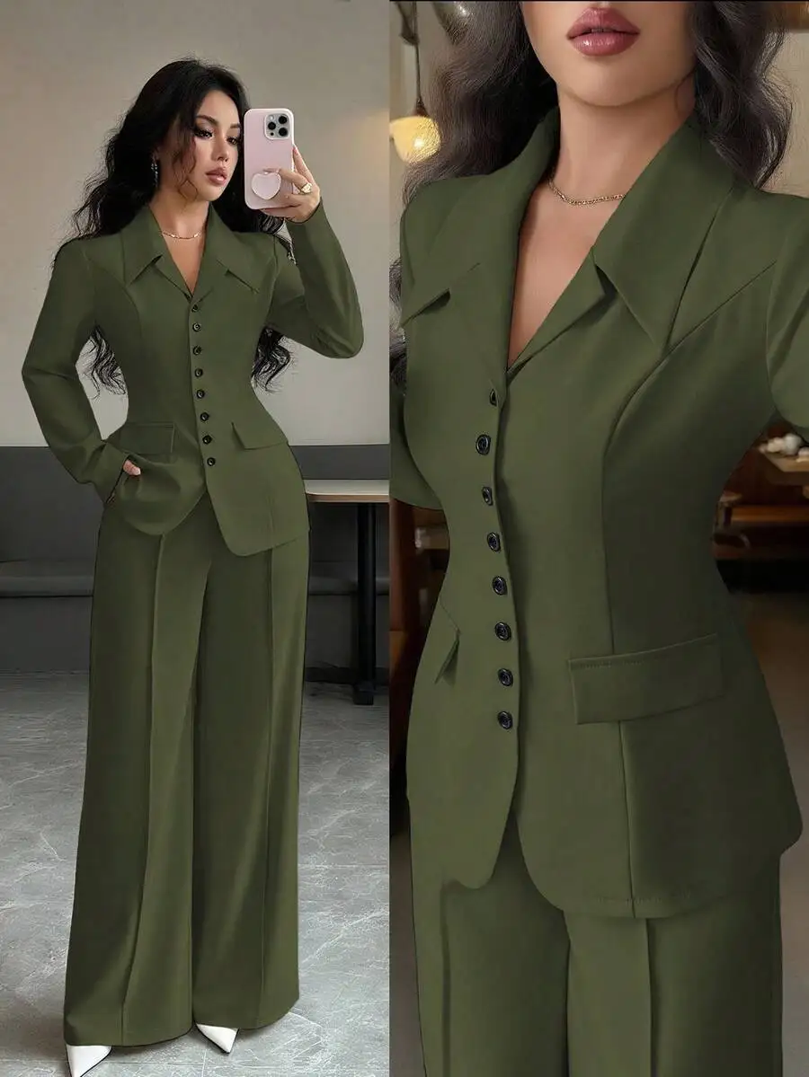 Olive Green V-Neck Blazer Set With Button Closure Loose Fit Wide Leg Pants Professional Two Piece Outfit
Olive Green V-Neck Blazer Set With Button Closure Loose Fit Wide Leg Pants Professional Two Piece Outfit