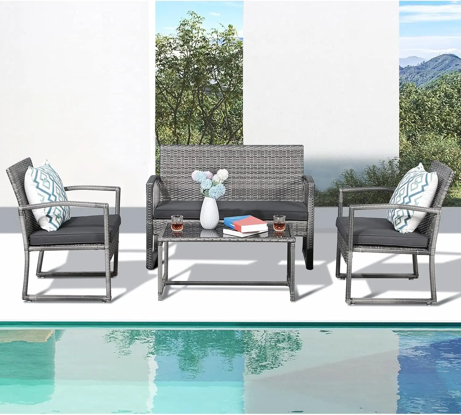 4pcs Outdoor Patio Furniture Set, Outdoor Wicker Conversation Set, Patio Rattan Chair Set, Modern Bistro Set with Coffee Table
4pcs Outdoor Patio Furniture Set, Outdoor Wicker Conversation Set, Patio Rattan Chair Set, Modern Bistro Set with Coffee Table