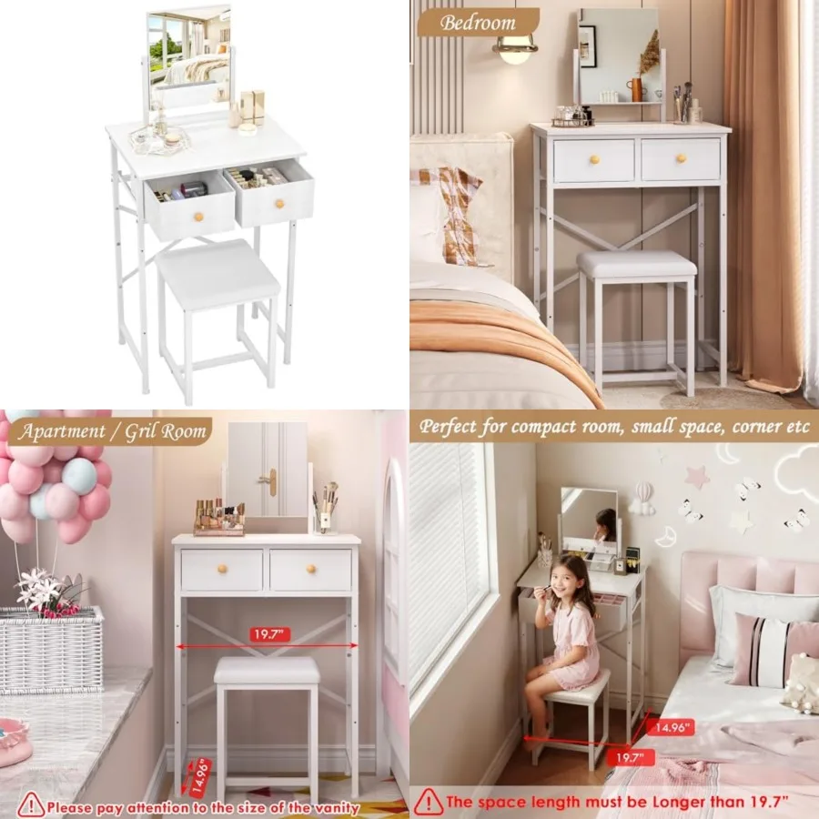 Small Makeup Vanity Desk with Mirror and Chair, Mini Vanity Desk Table Set with Fabric Storage Drawer, 19.7" Compact Vanity Des
Small Makeup Vanity Desk with Mirror and Chair, Mini Vanity Desk Table Set with Fabric Storage Drawer, 19.7" Compact Vanity Des