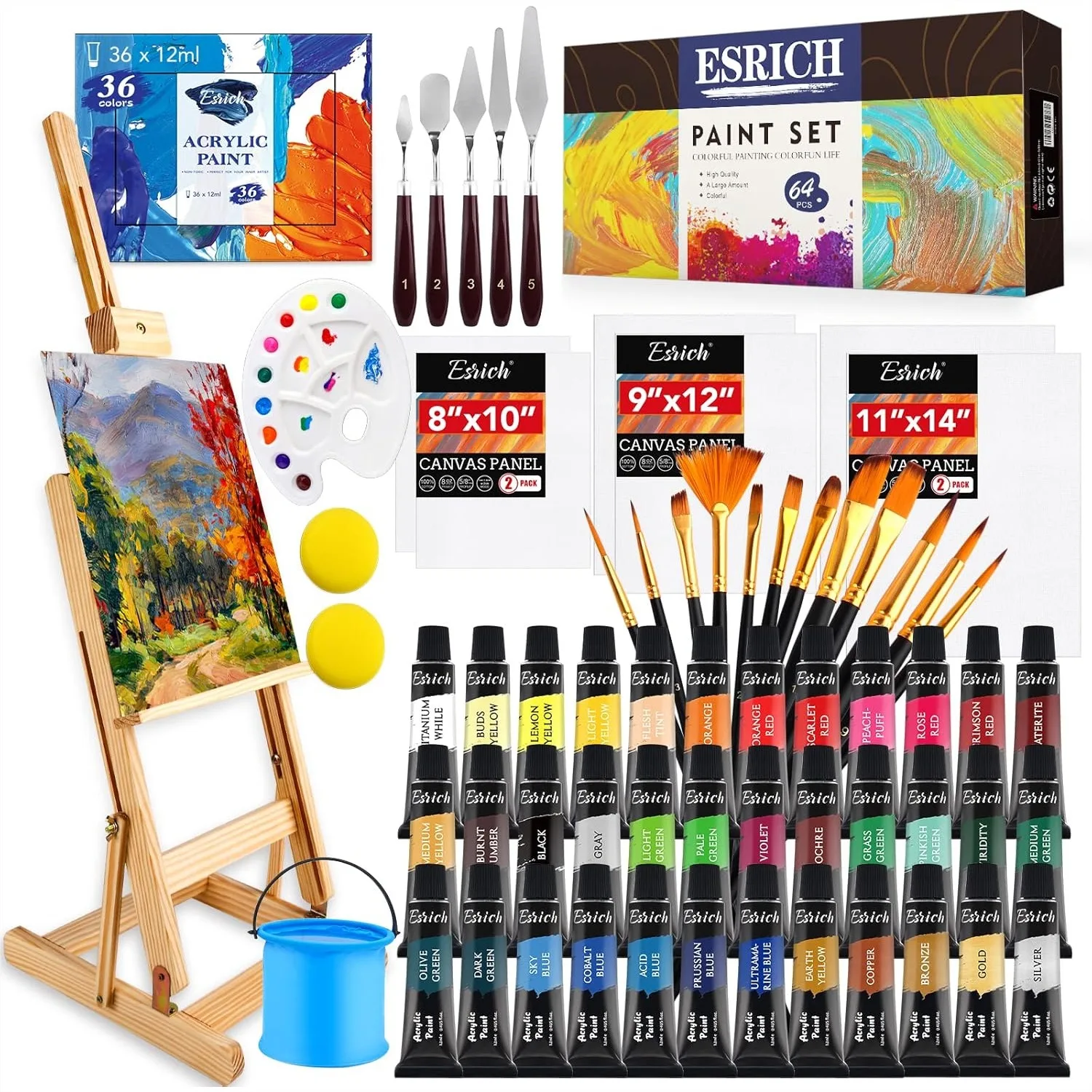 Acrylic Paint Set 64-Piece with Wooden Easel, 36 Colors, Brushes, Canvases, Palette, Knives - Painting Kit for Adults, Students
Acrylic Paint Set 64-Piece with Wooden Easel, 36 Colors, Brushes, Canvases, Palette, Knives - Painting Kit for Adults, Students