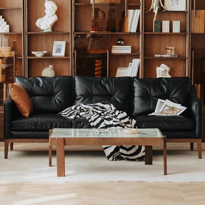 Sofa black walnut living room three people single first layer oil wax leather black medieval large sofa
Sofa black walnut living room three people single first layer oil wax leather black medieval large sofa