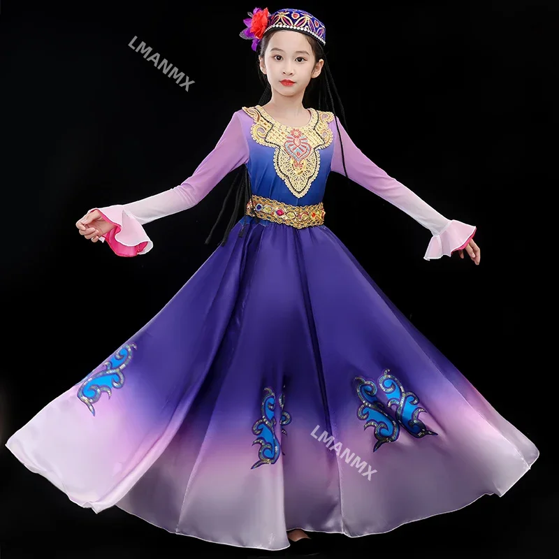 Uyghur ethnic minority children's performance costume, small ancient beauty, purple grape dance, big skirt display
Uyghur ethnic minority children's performance costume, small ancient beauty, purple grape dance, big skirt display