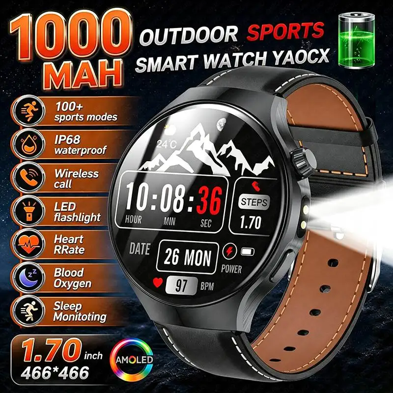 2026 New 1000mAh Battery Smart Watch 1.70-inch HD Screen LED Flashlight IP68 Waterproof Outdoors Military Smart watches Men
2026 New 1000mAh Battery Smart Watch 1.70-inch HD Screen LED Flashlight IP68 Waterproof Outdoors Military Smart watches Men