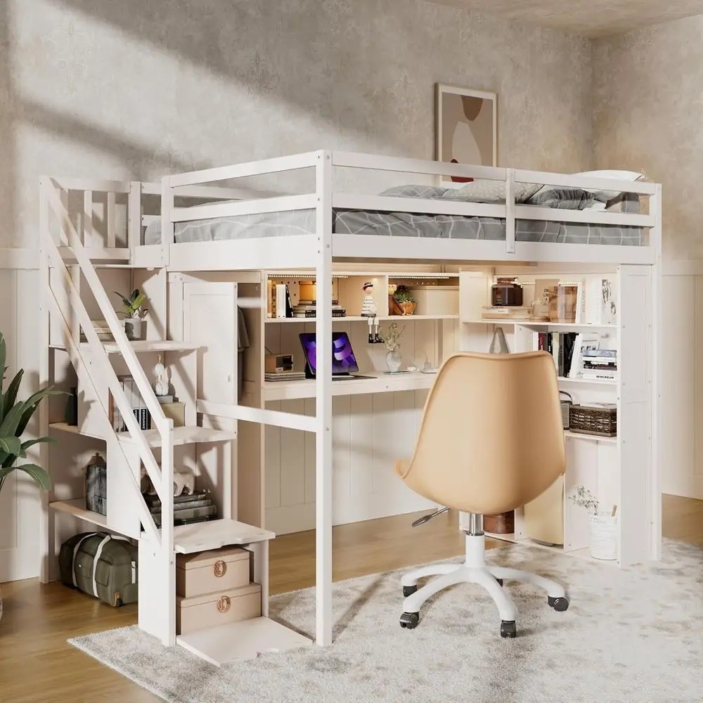 Space-Saving Wooden Bed with Built-in Wardrobe, Study Desk, Shelves & LED Lights for Bedroom (Beige)
Space-Saving Wooden Bed with Built-in Wardrobe, Study Desk, Shelves & LED Lights for Bedroom (Beige)