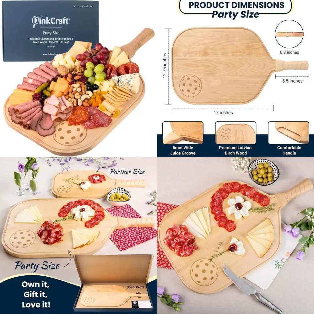 Pickleball-Themed Charcuterie Board, 22.5x5.5x0.75, Birch Wood, Paddle-Shaped with Handle, Mineral Oil Coated
Pickleball-Themed Charcuterie Board, 22.5x5.5x0.75, Birch Wood, Paddle-Shaped with Handle, Mineral Oil Coated