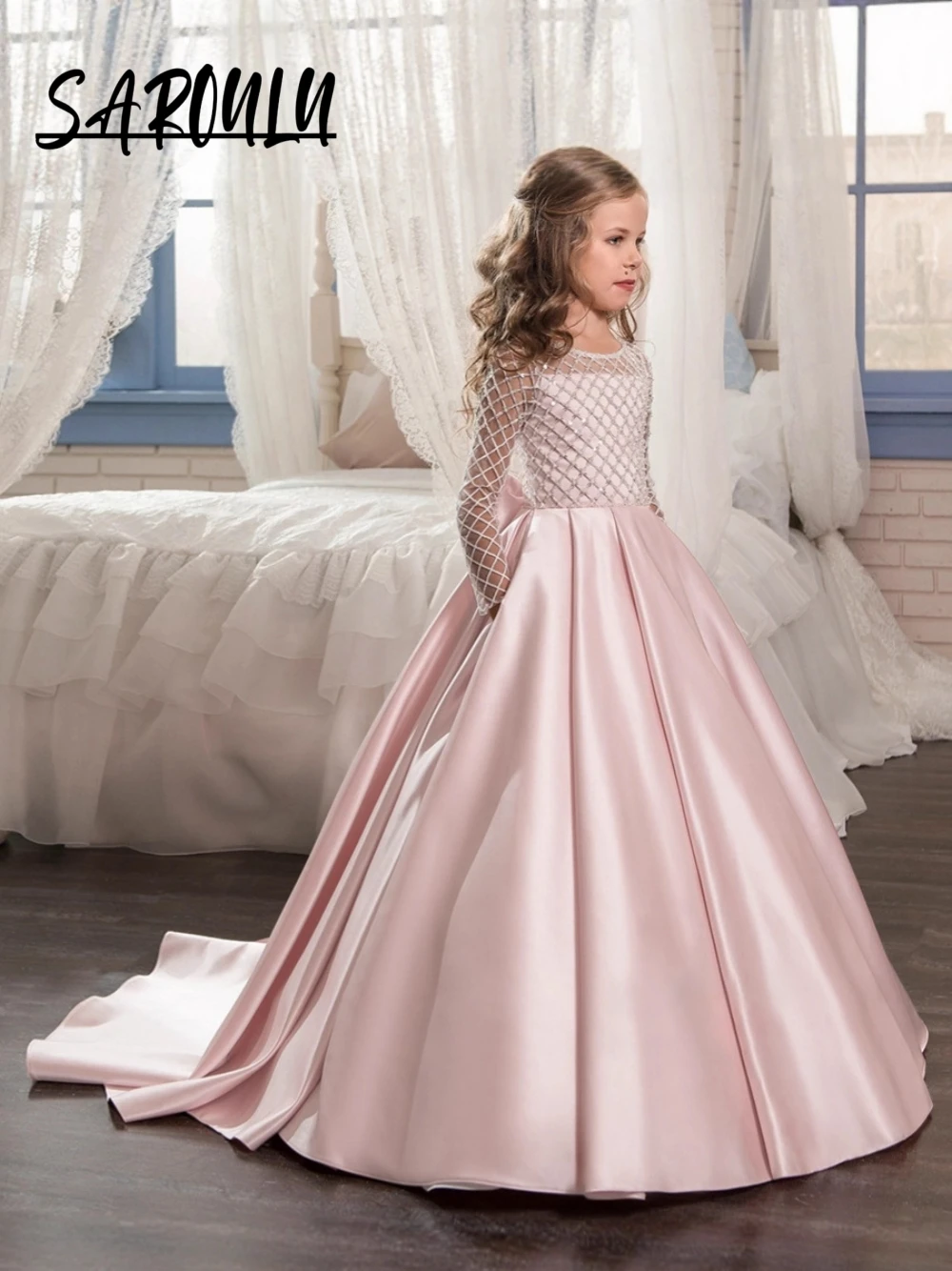 Sweet Princess Flower Girl Dress Blush Pink Flowy Satin Ball Gown Long Mesh Lace Sleeves Dreamy Classy Bow Back Birthday Wear
Sweet Princess Flower Girl Dress Blush Pink Flowy Satin Ball Gown Long Mesh Lace Sleeves Dreamy Classy Bow Back Birthday Wear