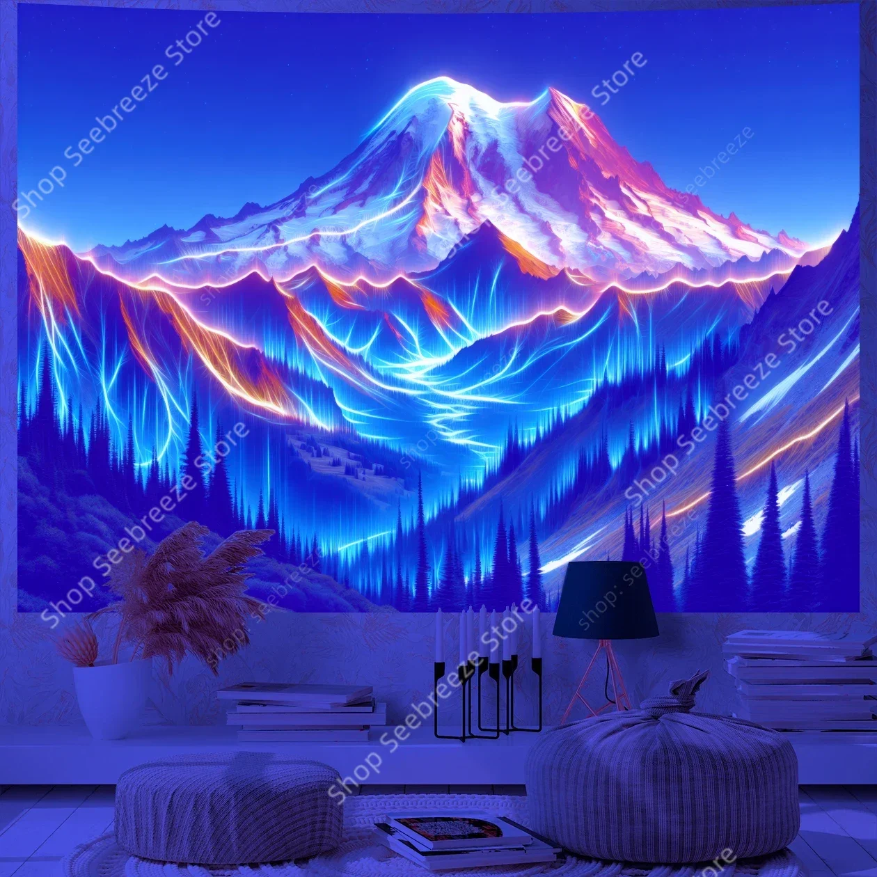 Mountain Vista Glowing Peaks UV Tapestry Bohemian Wall Art with Neon Energy Flow Ethereal Blue Forest Celestial Home Decor
Mountain Vista Glowing Peaks UV Tapestry Bohemian Wall Art with Neon Energy Flow Ethereal Blue Forest Celestial Home Decor