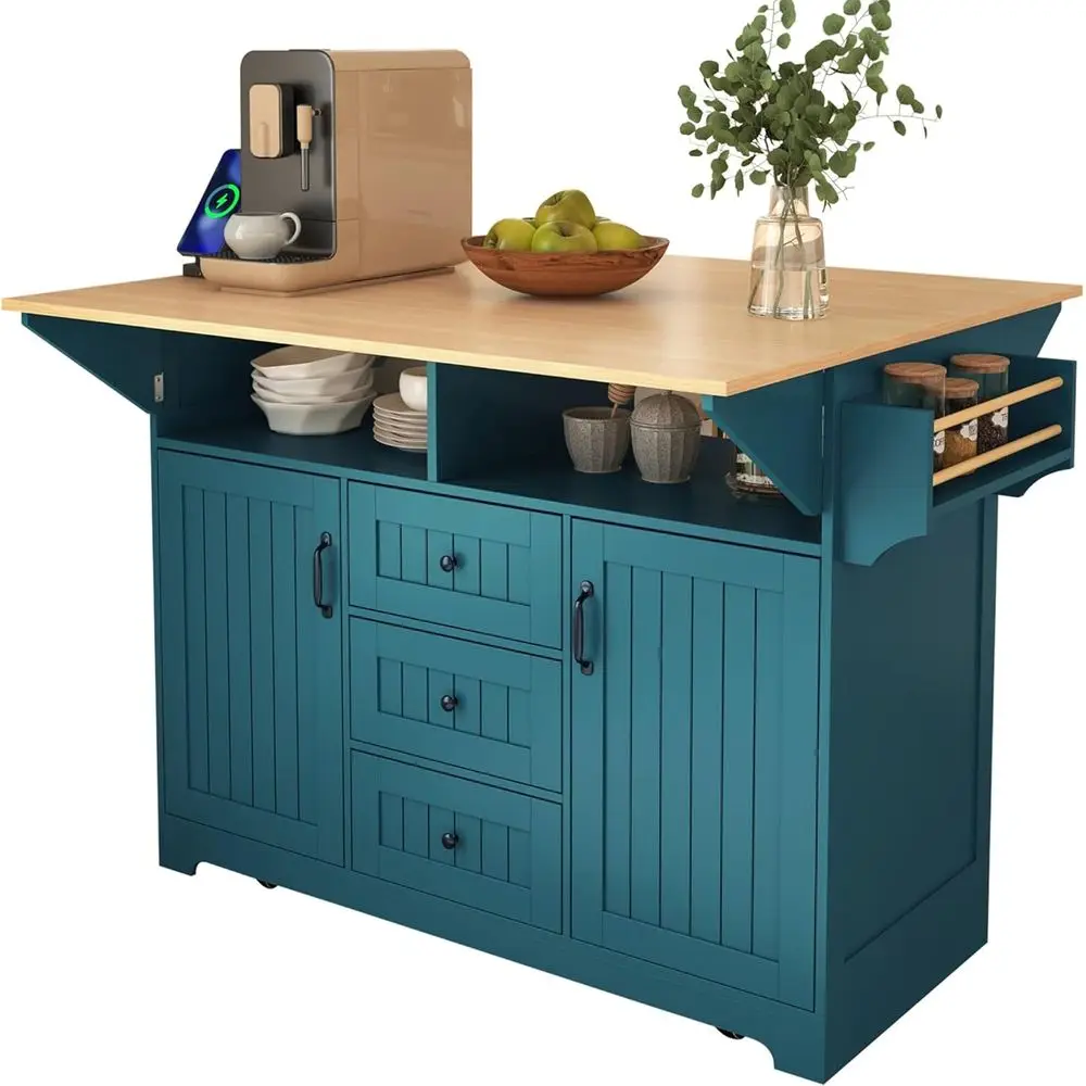 Large 55.7 Kitchen Island with Drop Leaf, Rolling Cart, Power Outlet, Dining Table, Spice & Towel Rack, 3 Drawers, Suitable for
Large 55.7 Kitchen Island with Drop Leaf, Rolling Cart, Power Outlet, Dining Table, Spice & Towel Rack, 3 Drawers, Suitable for