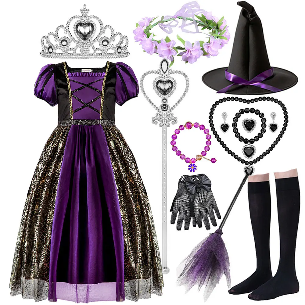 Halloween Festive Party Girls Cosplay Witch Classic Purple Print Long Sleeve Evil Horror Dress+Hat Plus Broom Birthday Party Set
Halloween Festive Party Girls Cosplay Witch Classic Purple Print Long Sleeve Evil Horror Dress+Hat Plus Broom Birthday Party Set