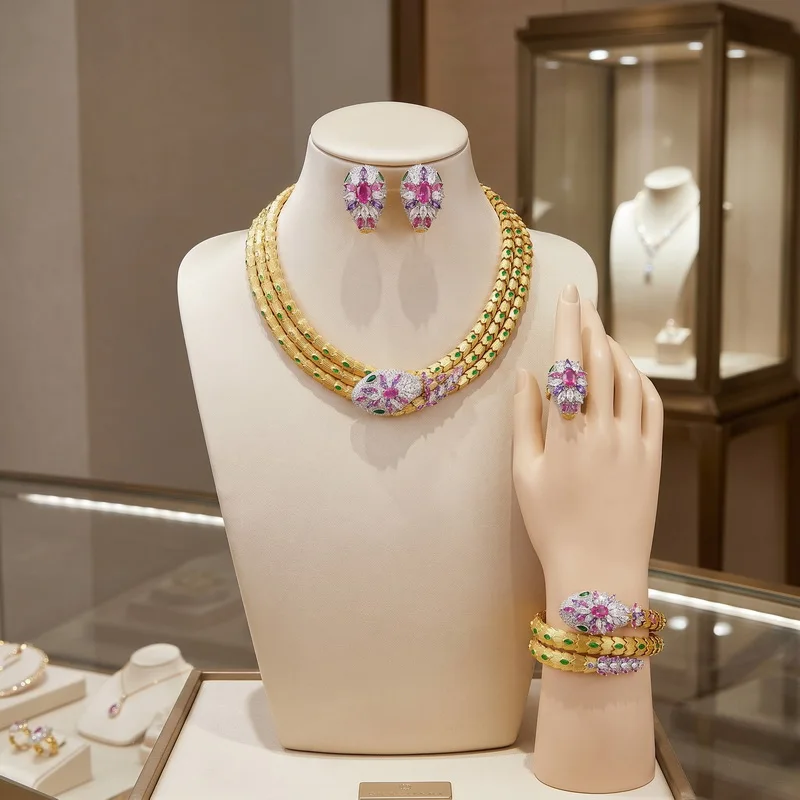 Europe America Earrings Ring Bracelet Three Layer Necklace Inlay Colored Cubic Zircon Snake Serpent Party Choker Jewelry Sets
Europe America Earrings Ring Bracelet Three Layer Necklace Inlay Colored Cubic Zircon Snake Serpent Party Choker Jewelry Sets