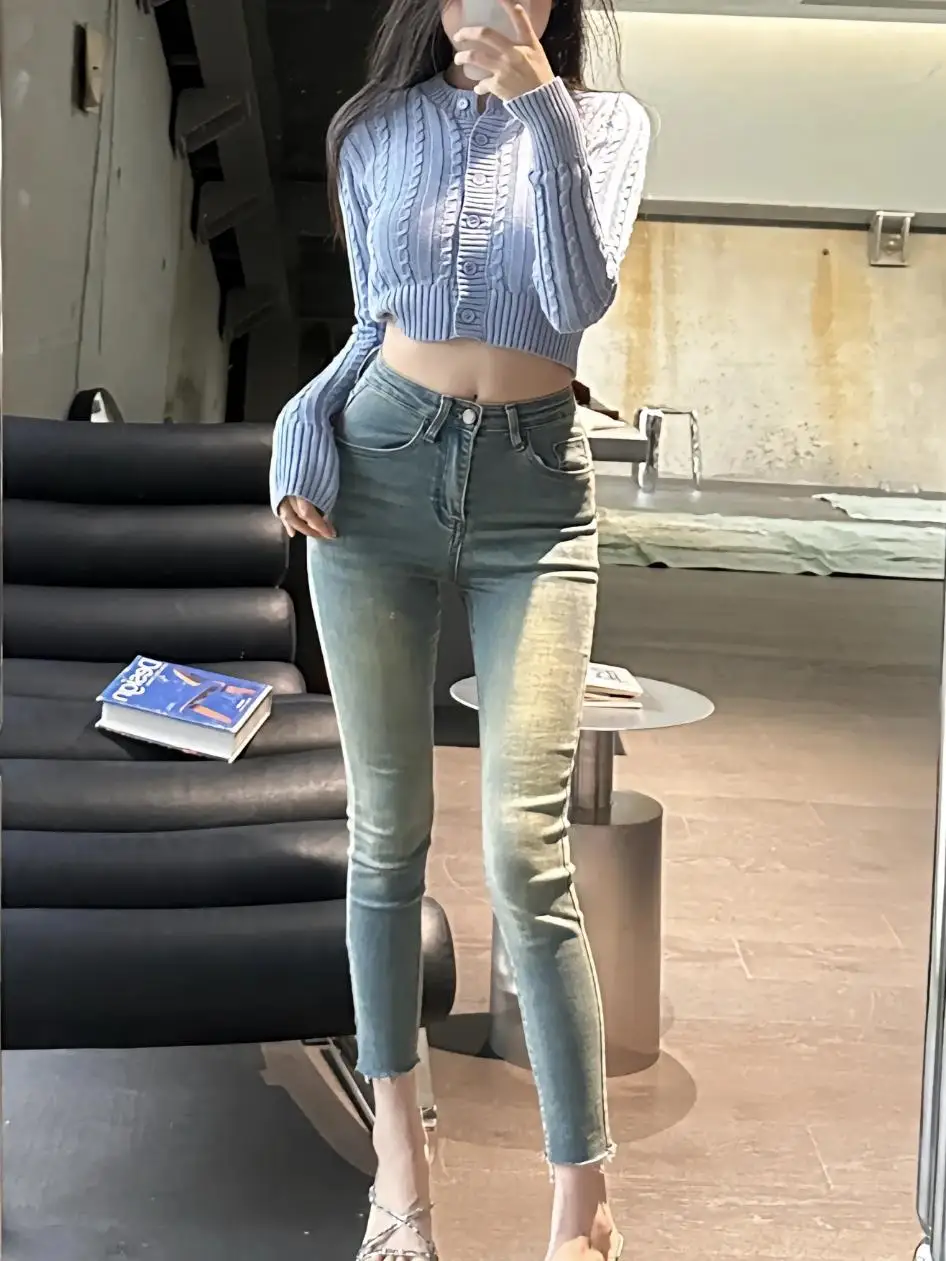Retro Waed High Waist Elastic Slim Fit Denim Skinnies Autumn Winter Faionable Nine-Point Frayed Pencil Jeans Women
Retro Waed High Waist Elastic Slim Fit Denim Skinnies Autumn Winter Faionable Nine-Point Frayed Pencil Jeans Women