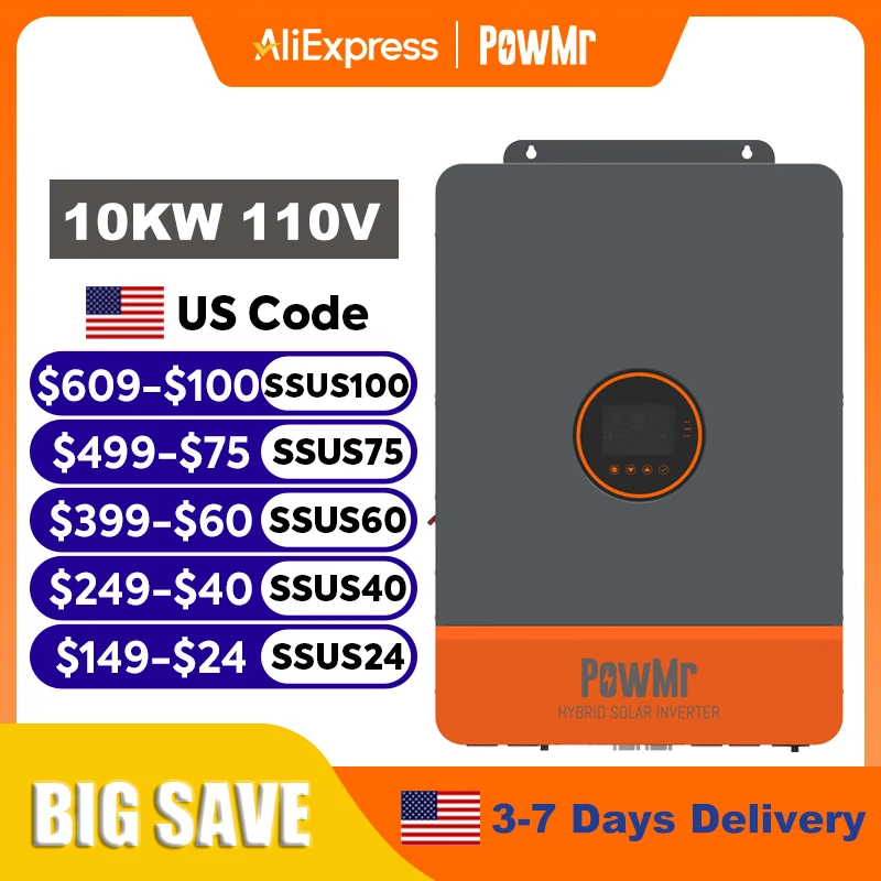 PowMr 10KW Split Phase Inverter 110V or 220V Hybrid Solar Inverter 48V Dual MPPT Output Off Grid Inverter with MPPT 200A Solar Battery Charger Parallel Up to 6 Units
PowMr 10KW Split Phase Inverter 110V or 220V Hybrid Solar Inverter 48V Dual MPPT Output Off Grid Inverter with MPPT 200A Solar Battery Charger Parallel Up to 6 Units