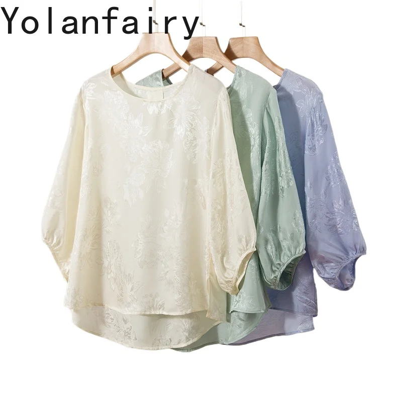YOLANFAIRY High Quality 100% Mulberry Silk Blouses Woman Summer Tops Fashion Jacquard Loose Silk Blouse Three-quarter Sleeve 여자옷
YOLANFAIRY High Quality 100% Mulberry Silk Blouses Woman Summer Tops Fashion Jacquard Loose Silk Blouse Three-quarter Sleeve 여자옷
