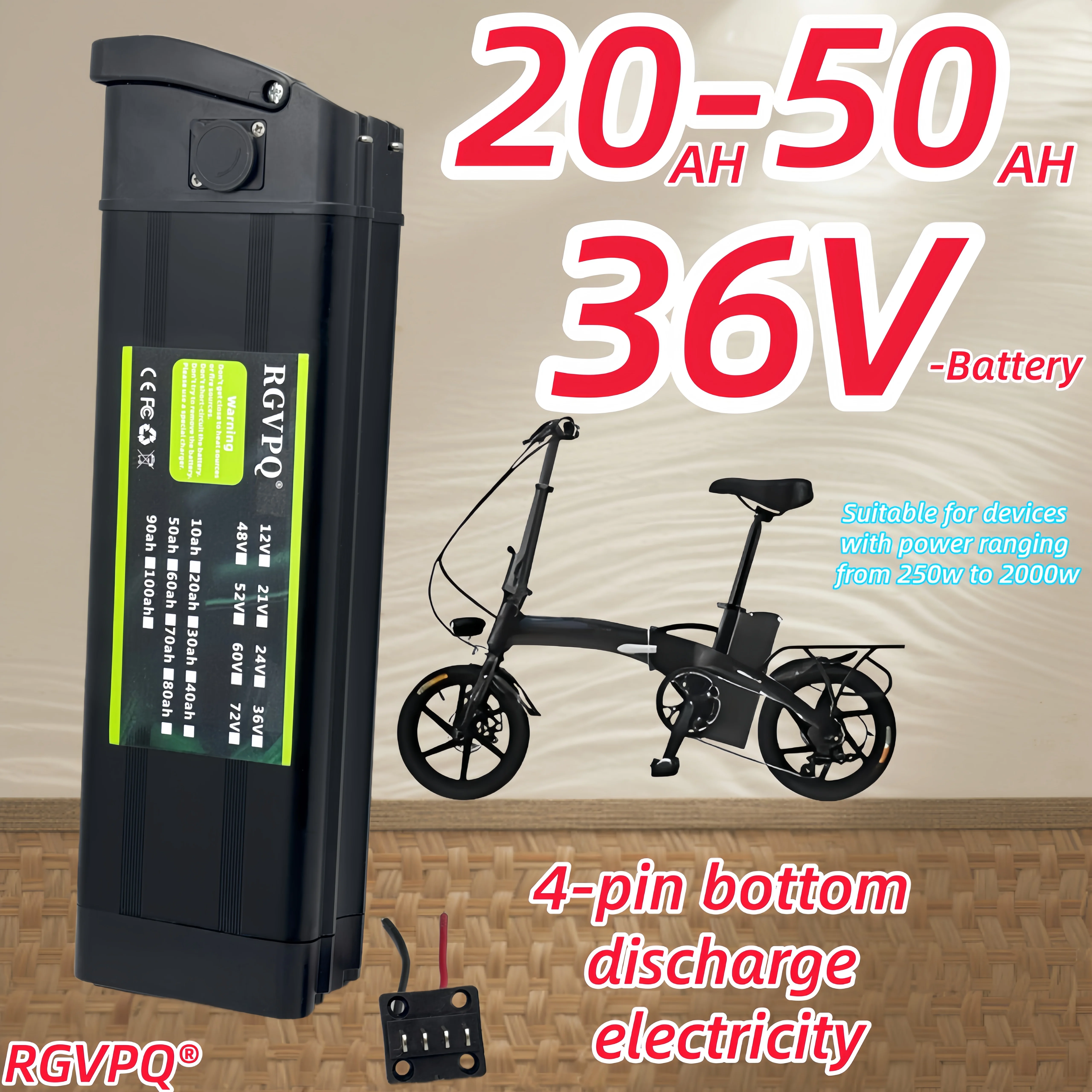 RGVPQ, Black Silver Fish model, bottom discharge 4-pin, 36V20AH-50AH, suitable for driving folding bicycles on behalf of others 
RGVPQ, Black Silver Fish model, bottom discharge 4-pin, 36V20AH-50AH, suitable for driving folding bicycles on behalf of others