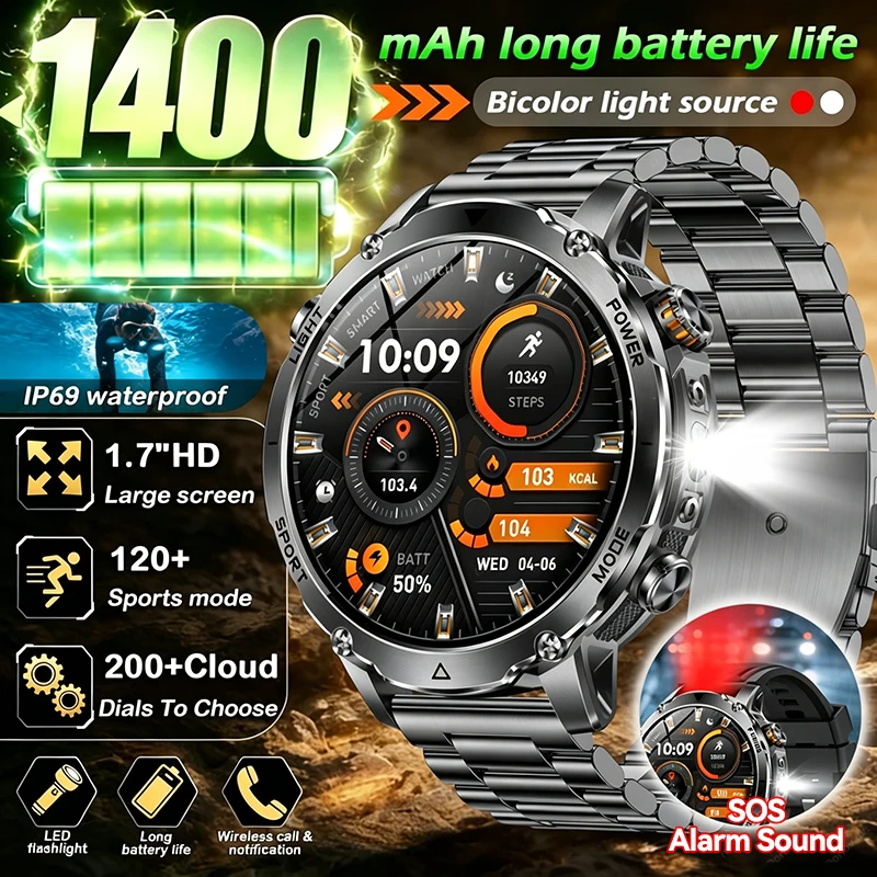 1.7'' Outdoor Military Smart Watch 1400mAh Battery Flashlight+SOS Alarm Bluetooth Call 10ATM Waterproof Sports Smart Watches man
1.7'' Outdoor Military Smart Watch 1400mAh Battery Flashlight+SOS Alarm Bluetooth Call 10ATM Waterproof Sports Smart Watches man