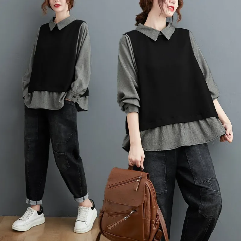 Fall Fake Two Piece Striped Shirts Tops Office Temperament Lapel Knitting Pullovers Casual Loose Women Fashion Long Sleeve JJ268
Fall Fake Two Piece Striped Shirts Tops Office Temperament Lapel Knitting Pullovers Casual Loose Women Fashion Long Sleeve JJ268