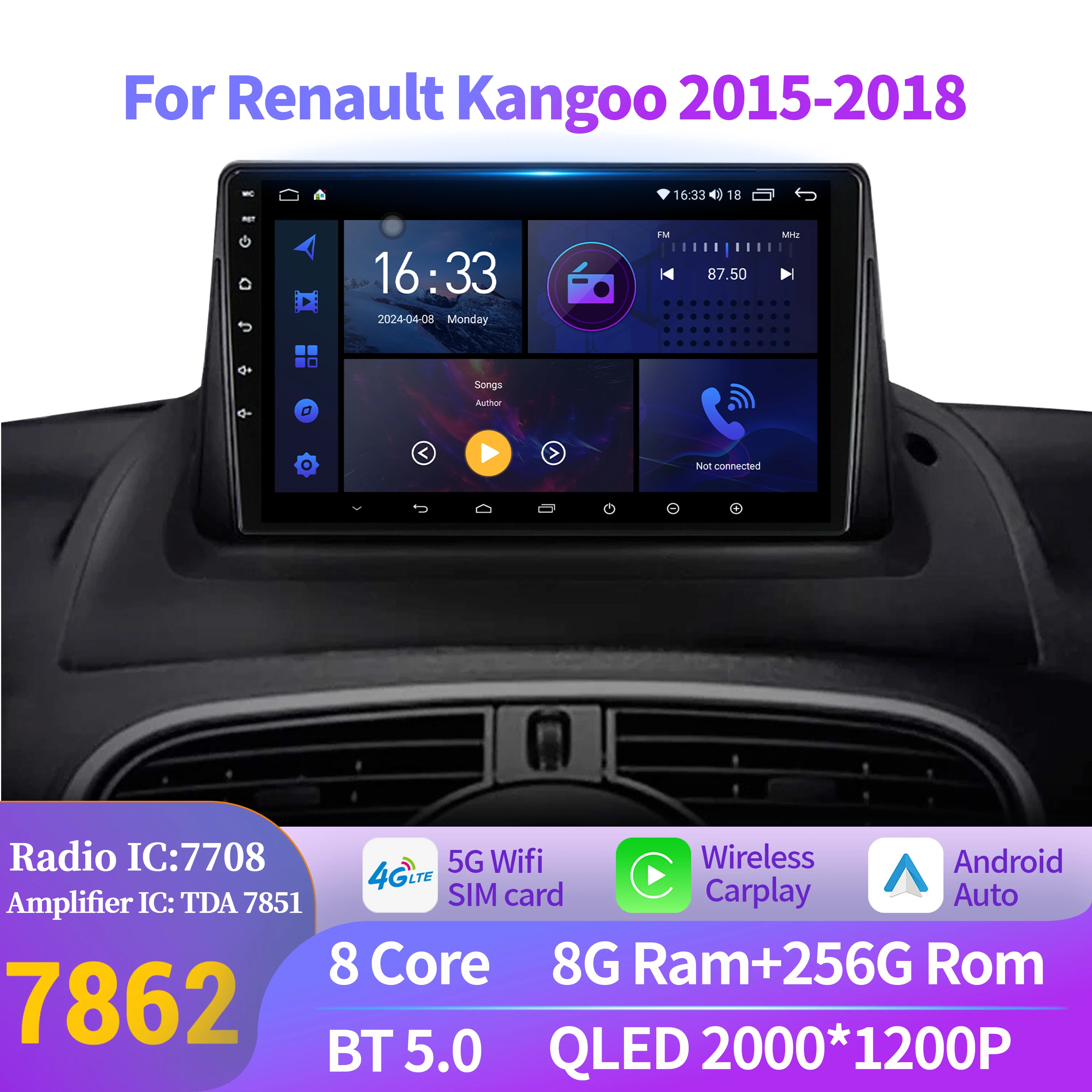 Car Radio Multimedia For Renault Kangoo 2015-2018 Navigation Wireless Bluetooth Carplay Android 14 7862S 8G 256G 2K QLED Screen
Car Radio Multimedia For Renault Kangoo 2015-2018 Navigation Wireless Bluetooth Carplay Android 14 7862S 8G 256G 2K QLED Screen