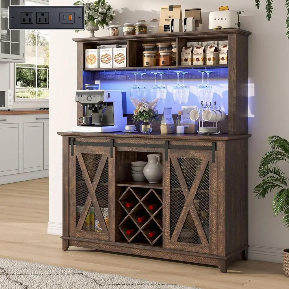 47 Wide 56 Tall Coffee & Wine Bar Cabinet with Power Outlet, LED Lighting, and 10 Bottle Racks for Kitchen or Dining Area (Brown
47 Wide 56 Tall Coffee & Wine Bar Cabinet with Power Outlet, LED Lighting, and 10 Bottle Racks for Kitchen or Dining Area (Brown
