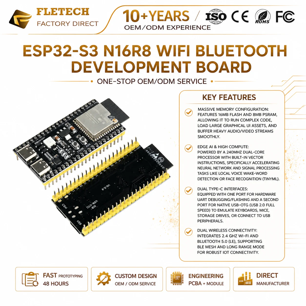 ESP32-S3 N16R8 Dev Module Dual Type-C USB OTG WiFi+BLE5.0 Module 16MB Flash 8MB PSRAM Smart Home Edge AI MCU Board for Arduino
ESP32-S3 N16R8 Dev Module Dual Type-C USB OTG WiFi+BLE5.0 Module 16MB Flash 8MB PSRAM Smart Home Edge AI MCU Board for Arduino