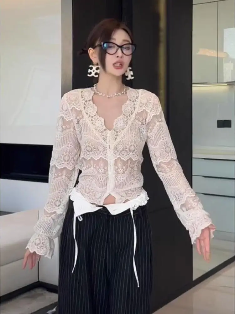 Elegant Embroidered Lace Shirt Women's Fashionable Base Layer Shirt Hollow out Long Sleeve V-Neck Open Cardigan Style Top
Elegant Embroidered Lace Shirt Women's Fashionable Base Layer Shirt Hollow out Long Sleeve V-Neck Open Cardigan Style Top